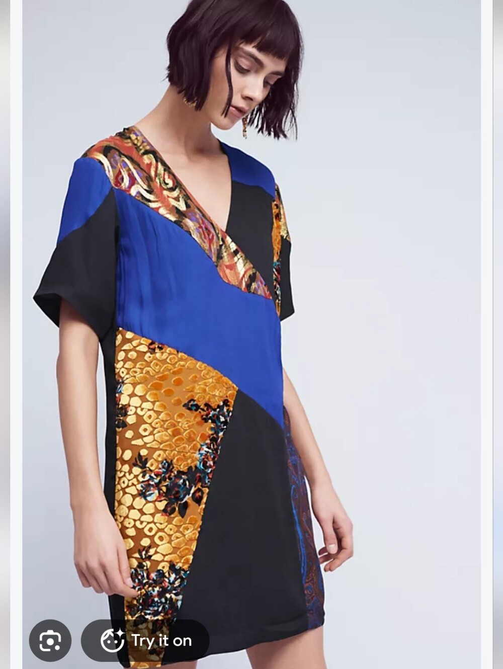 Anthropologie Multicolor Patchwork Short-Sleeve Tunic — Blue, Gold, Black